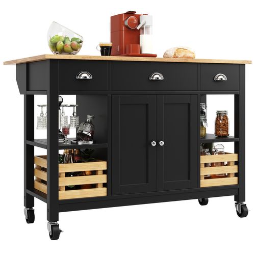 Îlot De Cuisine Moderne - Noir - Plateau Réglable - Roues Pivotantes - Rangement Flexible