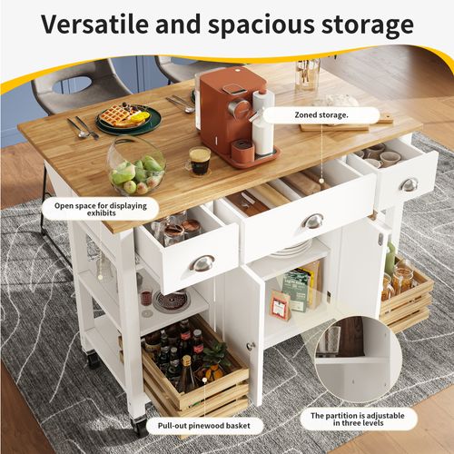 Îlot De Cuisine - Blanc - Plateau Réglable - Roues Pivotantes - Rangement Flexible