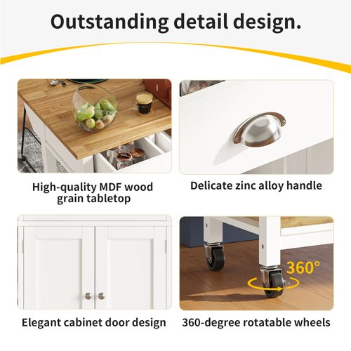 Îlot De Cuisine - Blanc - Plateau Réglable - Roues Pivotantes - Rangement Flexible