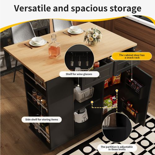 Îlot De Cuisine - Noir - Cloisons Amovibles - Étagère à Verres - Plateau Réglable