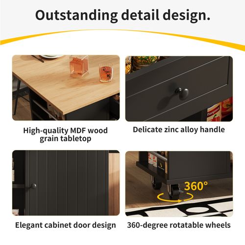 Îlot De Cuisine - Noir - Cloisons Amovibles - Étagère à Verres - Plateau Réglable