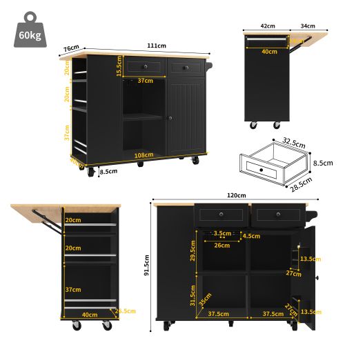 Îlot De Cuisine - Noir - Cloisons Amovibles - Étagère à Verres - Plateau Réglable