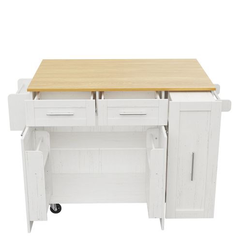 Îlot De Cuisine - Blanc - Multifonction - Rangement Extensible - Roulettes Fixes