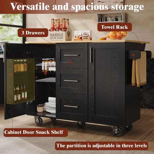 Îlot De Cuisine - Noir - Roues Amovibles - Plateau Réglable - Rangement Polyvalent