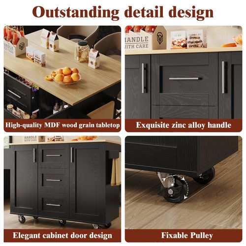 Îlot De Cuisine - Noir - Roues Amovibles - Plateau Réglable - Rangement Polyvalent