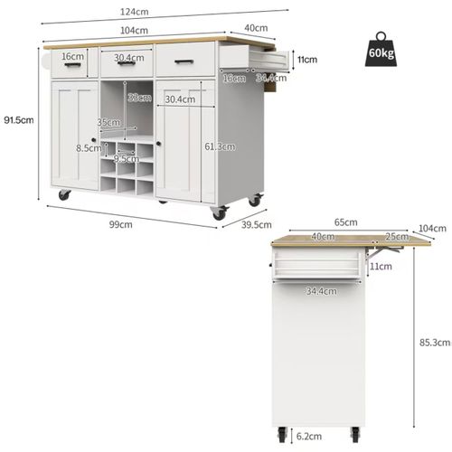 Chariot De Cuisine - Blanc - Plateau Extensible - Roulettes Verrouillables - Rangement Multifonction