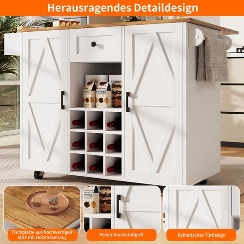 Îlot De Cuisine Moderne - Blanc - Plateau Réglable - Rangement Polyvalent