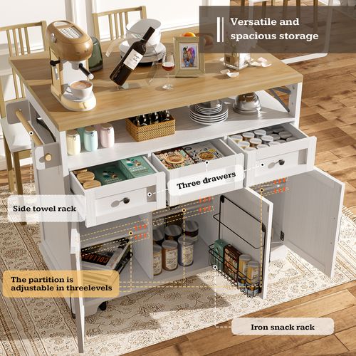 Îlot De Cuisine - Blanc - Mdf Et Métal - 118x43x98 Cm - Roulettes