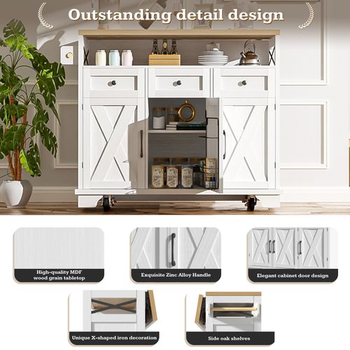 Îlot De Cuisine - Blanc - Mdf Et Métal - 118x43x98 Cm - Roulettes