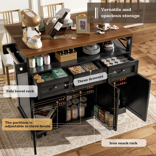 Îlot De Cuisine - Noir - Plateau Réglable - Roulettes Verrouillables - Rangement Multifonction