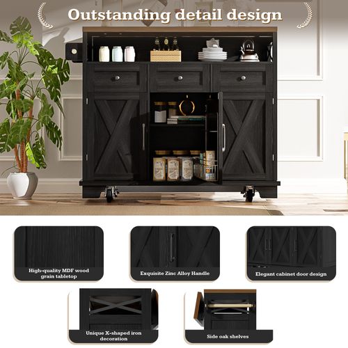 Îlot De Cuisine - Noir - Plateau Réglable - Roulettes Verrouillables - Rangement Multifonction