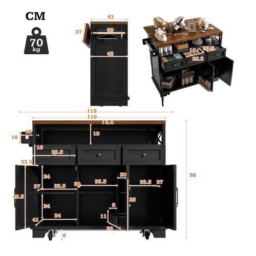 Îlot De Cuisine - Noir - Plateau Réglable - Roulettes Verrouillables - Rangement Multifonction
