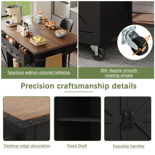 Chariot De Cuisine - Noir - Plateau Pliable - 3 Tiroirs - 2 Portes Coulissantes