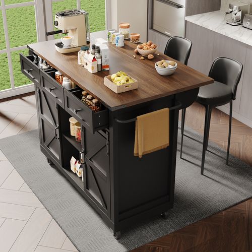 Chariot De Cuisine - Noir - Plateau Pliable - 3 Tiroirs - 2 Portes Coulissantes