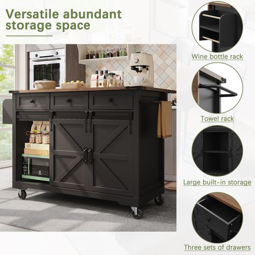 Chariot De Cuisine - Noir - Plateau Pliable - 3 Tiroirs - 2 Portes Coulissantes