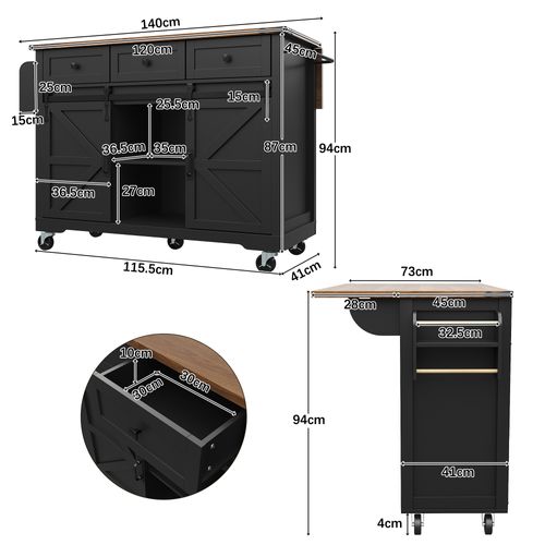 Chariot De Cuisine - Noir - Plateau Pliable - 3 Tiroirs - 2 Portes Coulissantes