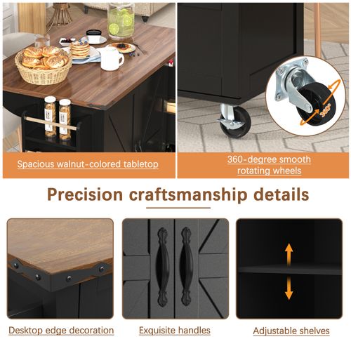 Îlot De Cuisine - Noir - Plan Extensible - 2 Portes - 3 Tiroirs