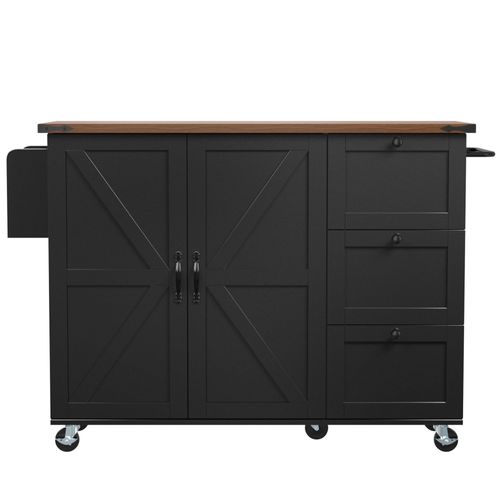 Îlot De Cuisine - Noir - Plan Extensible - 2 Portes - 3 Tiroirs