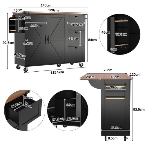 Îlot De Cuisine - Noir - Plan Extensible - 2 Portes - 3 Tiroirs