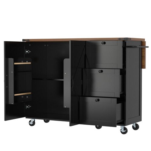 Îlot De Cuisine - Noir - Plan Extensible - 2 Portes - 3 Tiroirs