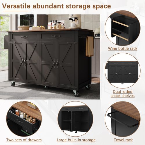 Îlot De Cuisine - Noir - Plateau Extensible - Roulettes Pivotantes - 2 Placards, 2 Tiroirs