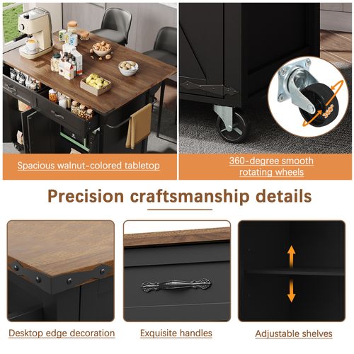 Îlot De Cuisine - Noir - Plateau Extensible - Roulettes Pivotantes - 2 Placards, 2 Tiroirs