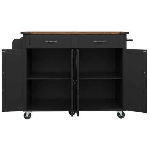 Îlot De Cuisine - Noir - Plateau Extensible - Roulettes Pivotantes - 2 Placards, 2 Tiroirs