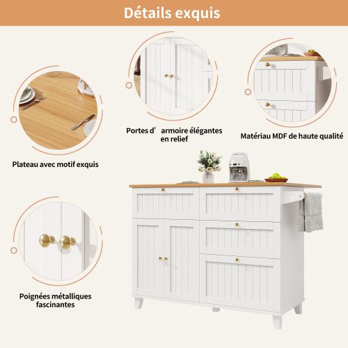 Îlot De Cuisine - Blanc - Design Scandinave - Rangement Multifonction - Roulettes