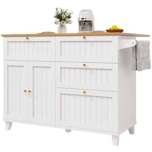 Îlot De Cuisine - Blanc - Design Scandinave - Rangement Multifonction - Roulettes