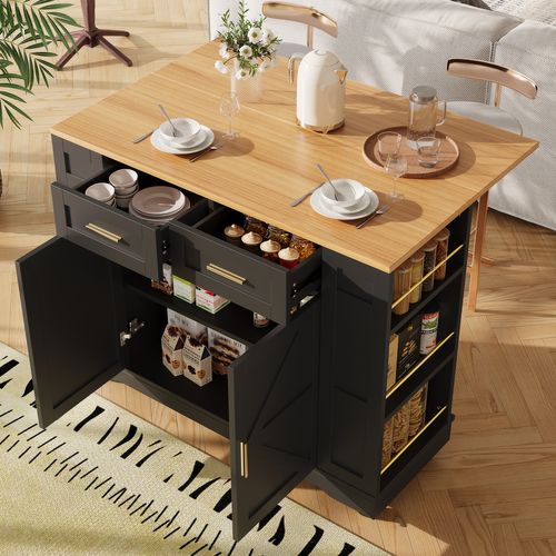 Îlot De Cuisine Moderne - Noir - Multifonctionnel - Rangement Intégré