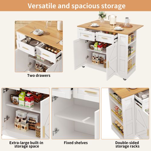 Îlot De Cuisine - Blanc - Multifonctionnel - Rangement Intégré - Design Scandinave