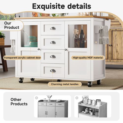 Îlot De Cuisine - Extensible - Blanc/noir - 4 Tiroirs - 2 Portes