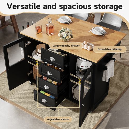 Îlot De Cuisine - Extensible - Roues - Blanc/noir - 4 Tiroirs, 2 Portes