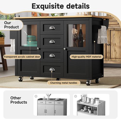 Îlot De Cuisine - Extensible - Roues - Blanc/noir - 4 Tiroirs, 2 Portes