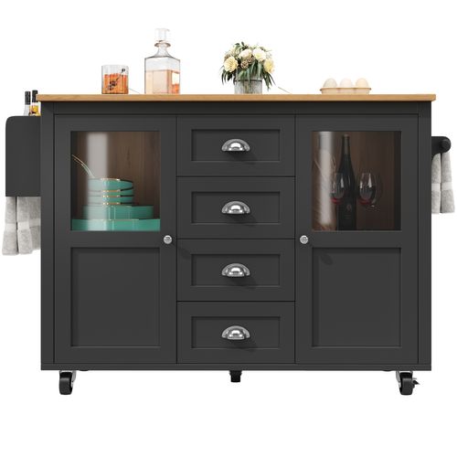 Îlot De Cuisine - Extensible - Roues - Blanc/noir - 4 Tiroirs, 2 Portes