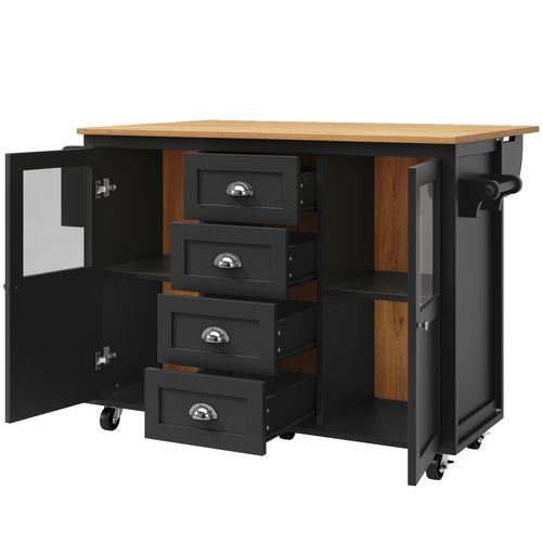 Îlot De Cuisine - Extensible - Roues - Blanc/noir - 4 Tiroirs, 2 Portes