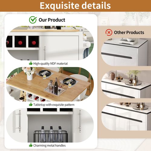 Îlot De Cuisine - Blanc/noir - Mobile - Plan De Travail Rabattable - Rangement Polyvalent