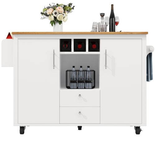 Îlot De Cuisine - Blanc/noir - Mobile - Plan De Travail Rabattable - Rangement Polyvalent