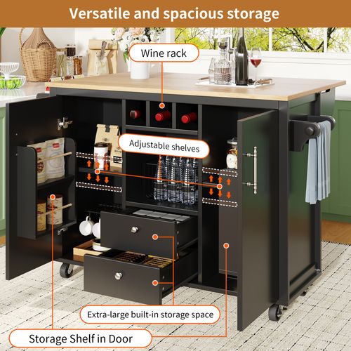 Îlot De Cuisine Buffet - Blanc/noir - Plan Rabattable - Roulettes Pivotantes