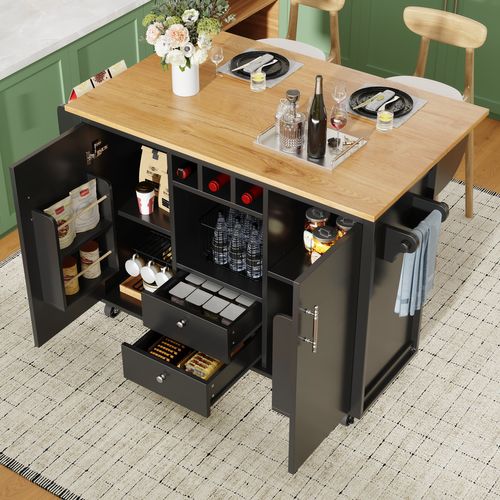 Îlot De Cuisine Buffet - Blanc/noir - Plan Rabattable - Roulettes Pivotantes