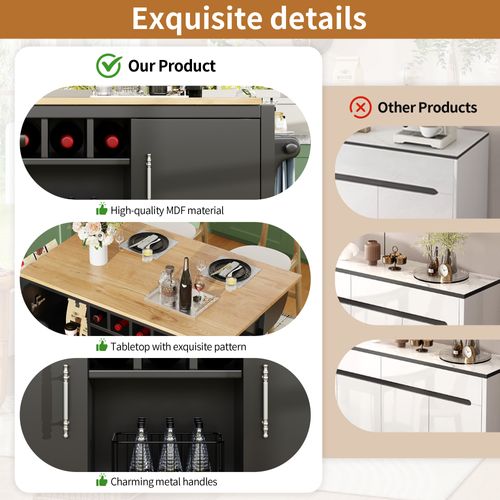 Îlot De Cuisine Buffet - Blanc/noir - Plan Rabattable - Roulettes Pivotantes