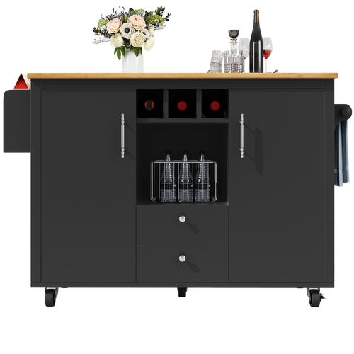 Îlot De Cuisine Buffet - Blanc/noir - Plan Rabattable - Roulettes Pivotantes