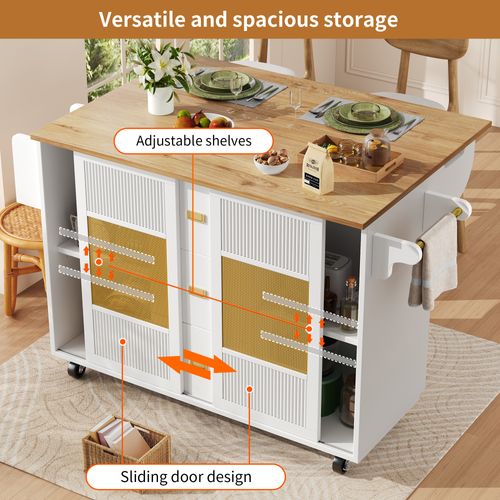 Îlot De Cuisine - Blanc - Extensible - Roues - 146,85x70x90 Cm
