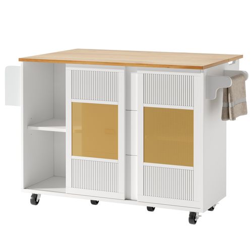 Îlot De Cuisine - Blanc - Extensible - Roues - 146,85x70x90 Cm