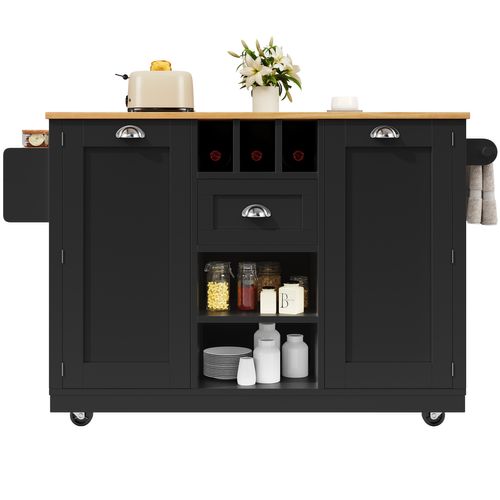 Îlot De Cuisine - Noir - Plateau Réglable - Roulettes Verrouillables - Rangement Polyvalent
