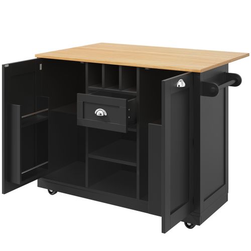 Îlot De Cuisine - Noir - Plateau Réglable - Roulettes Verrouillables - Rangement Polyvalent