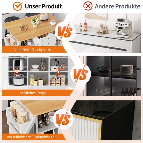 Îlot De Cuisine - Blanc - Roulettes Pivotantes - Plateau Réglable - Rangement Polyvalent