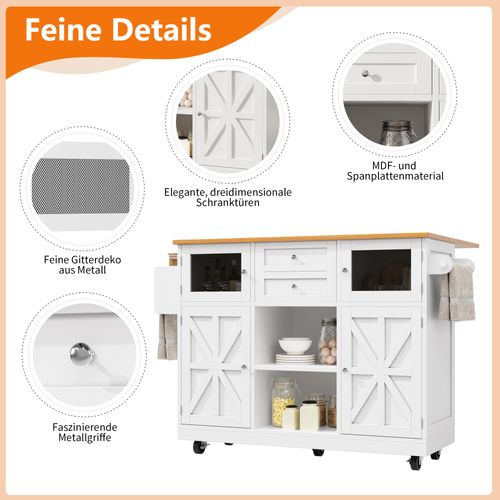 Îlot De Cuisine - Blanc - Roulettes Pivotantes - Plateau Réglable - Rangement Polyvalent