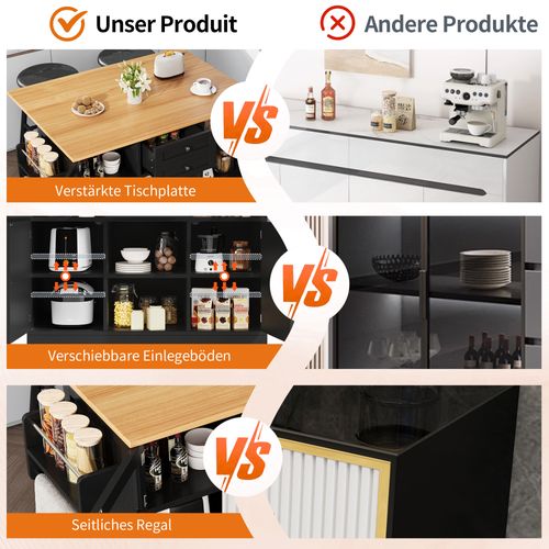 Îlot De Cuisine - Noir - Plateau Réglable - Roues Pivotantes - Rangement Polyvalent