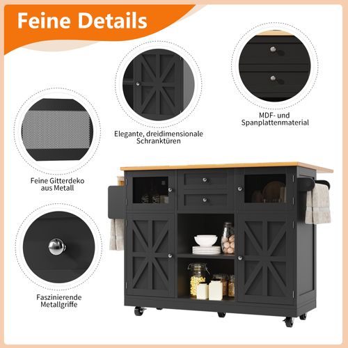 Îlot De Cuisine - Noir - Plateau Réglable - Roues Pivotantes - Rangement Polyvalent